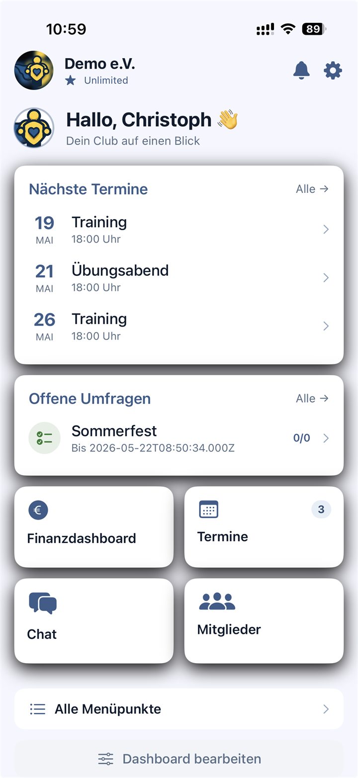 Vereinsheld App Dashboard für digitale Vereinsverwaltung